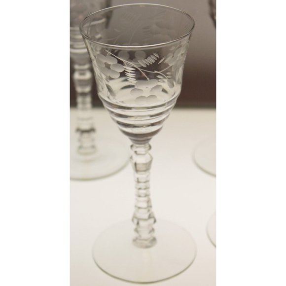 6 Rock Sharpe Halifax Crystal Wine Glass Floral Etched Cut Stem Spring Circa 40s - Picture 6 of 8